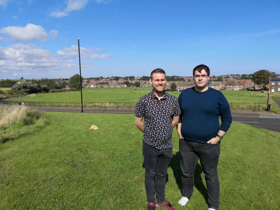 Lib Dem councillor Stephen O'Brien and Lib Dem campaigner Paul Edgeworth at Tay Road, between Thorney Close and Grindon