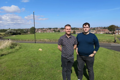 Lib Dem councillor Stephen O'Brien and Lib Dem campaigner Paul Edgeworth at Tay Road, between Thorney Close and Grindon