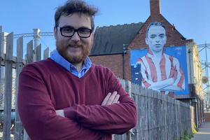 Ciaran Morrissey at the Raich Carter mural in Hendon