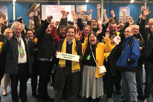 Lib Dems celebrate victory at the 2023 local election count in Sunderland